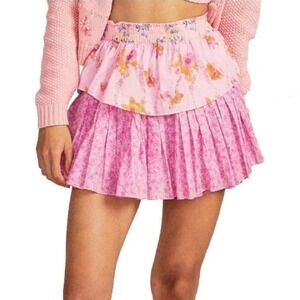 LoveShackFancy Ruffle Mini Skirt Exploded Pink XXS Floral Ruffle Tiered Cotton